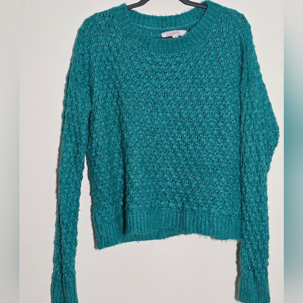 LOFT Blue Crew Neck Sweater with Textured Knit